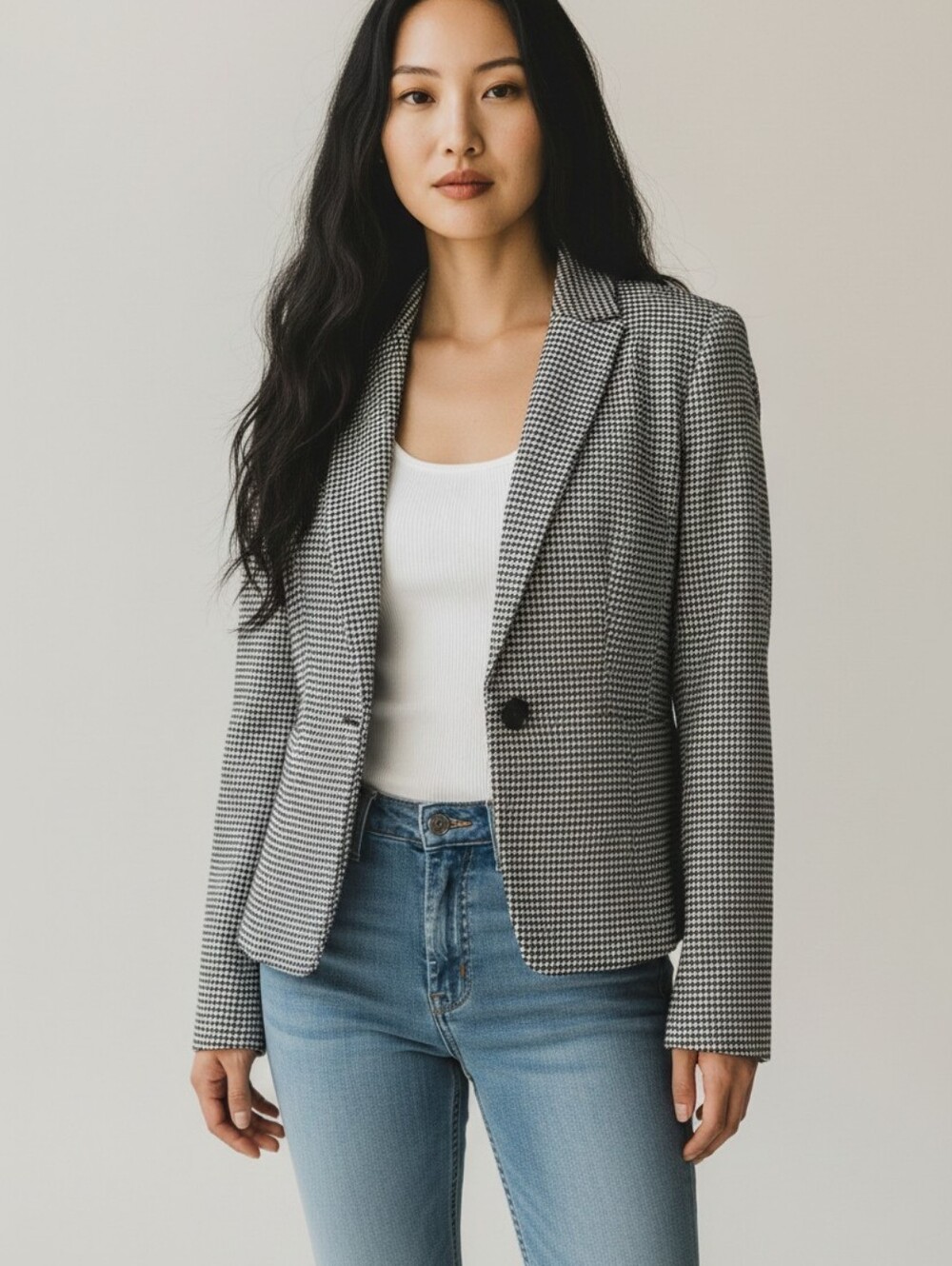 Worthington Women’s Size 8 Black White Houndstooth One Button Blazer Jacket